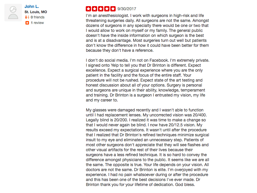 Brinton Vision Yelp Review Laser Eye Surgery St. Louis