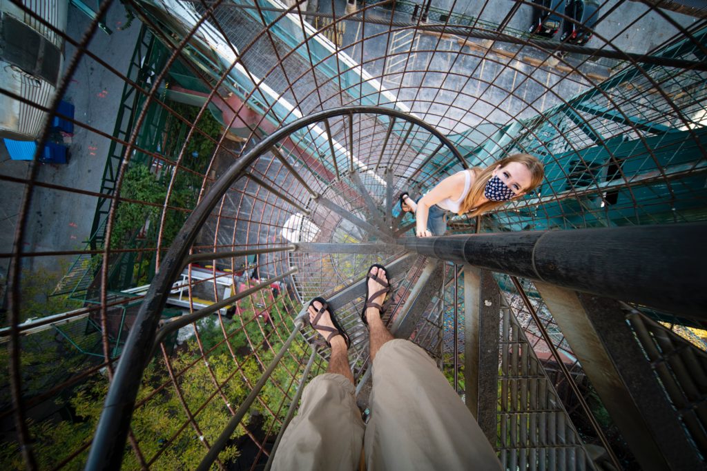 St. Louis City Museum, looking down from high up in a metal grate spiral staircase