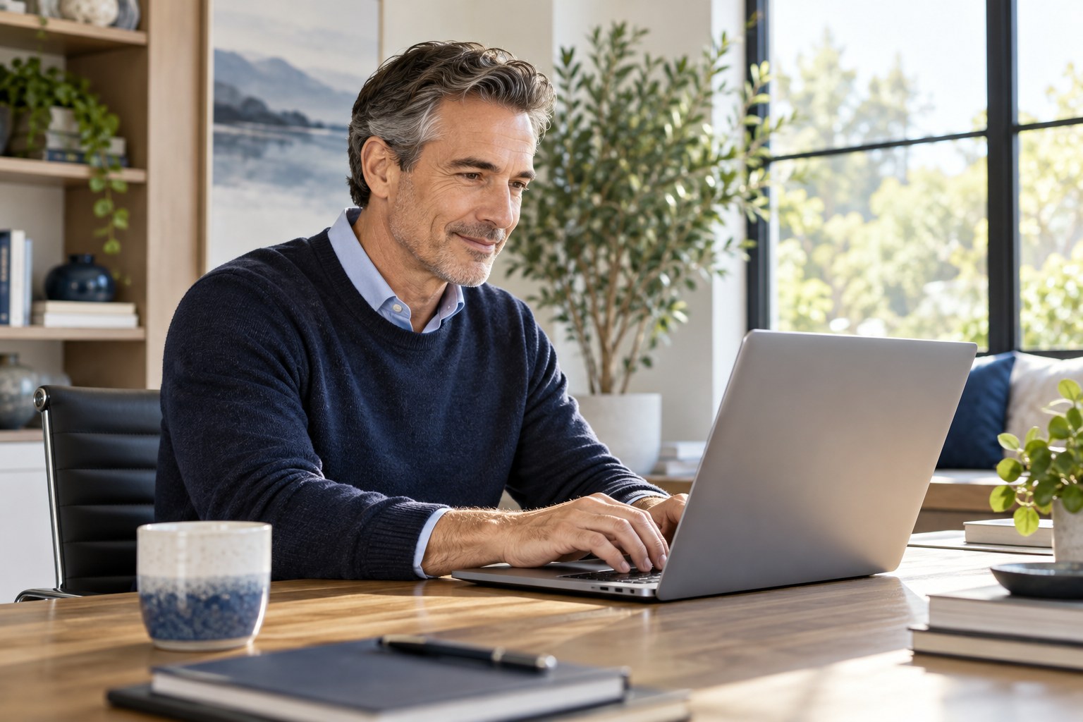 Professional working comfortably at a laptop in a bright home office